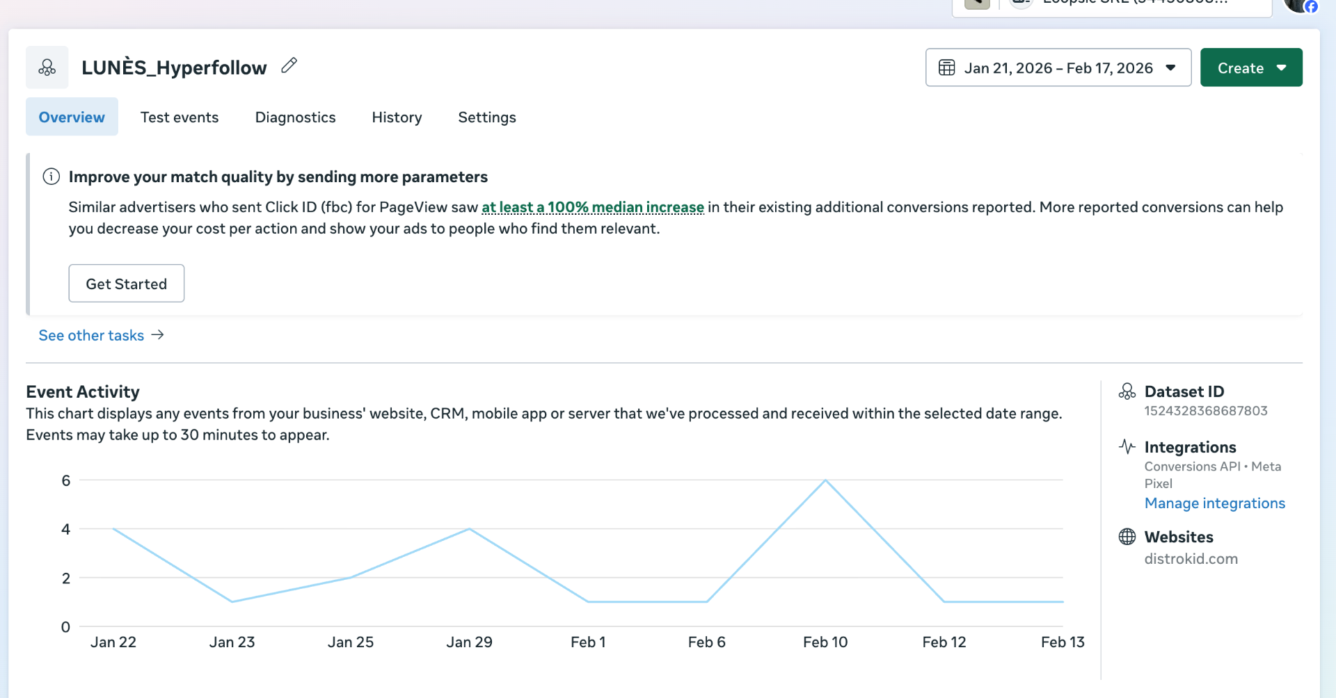 Facebook Pixel event tracking on the landing page showing conversion events