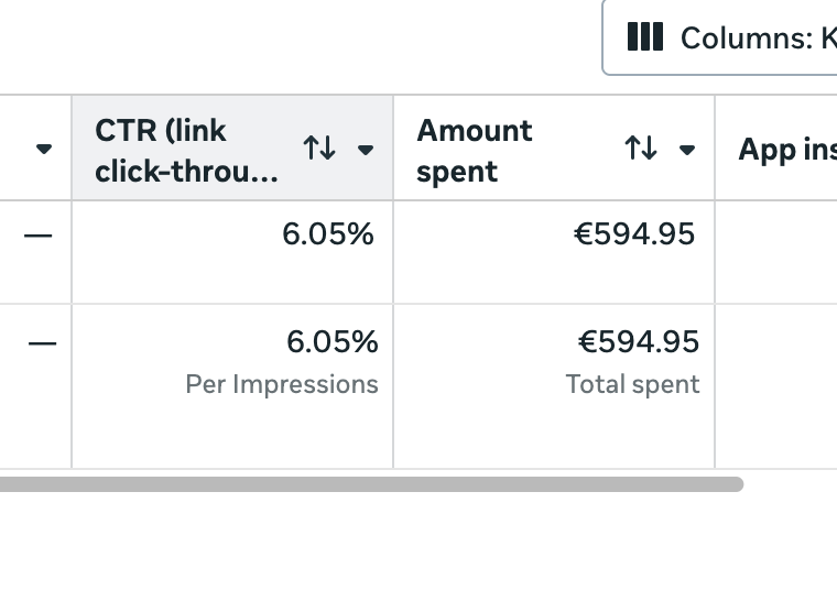 Meta Ads results showing 6.05% CTR and €594.95 total spend