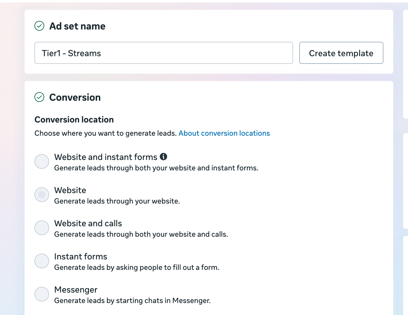Meta Ads conversion setup targeting website visits